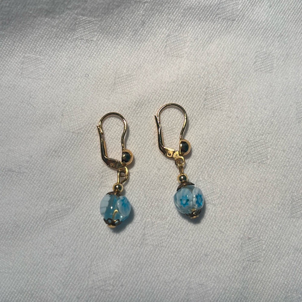 Vintage 14k Gold and Blue Murano Glass Earrings
